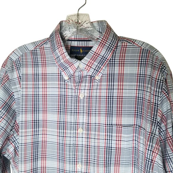 Ralph Lauren Long Sleeve Button Down Oxford Shirt Large Blue Plaid CottonStretch - Picture 1 of 9